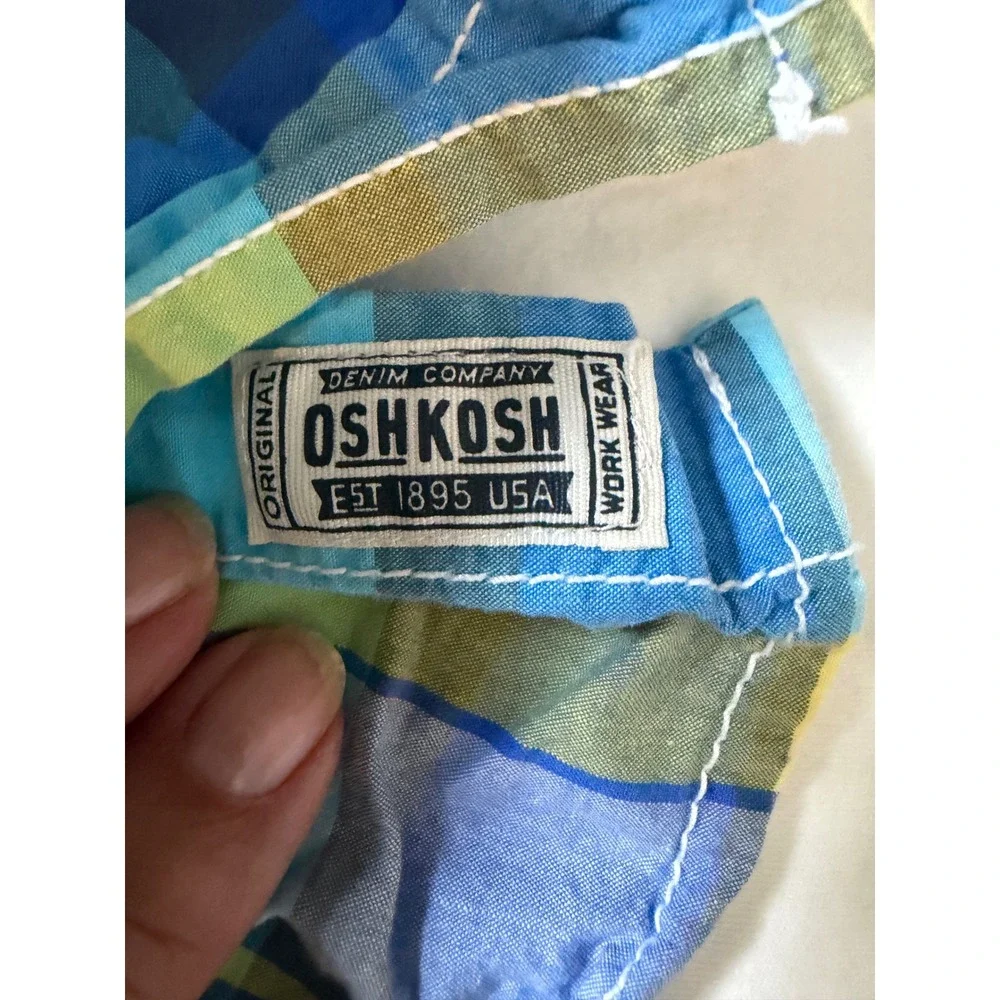 OshKosh Bgosh Boys Blue Green Plaid Short Sleeve Button Down Shirt Size 4/5